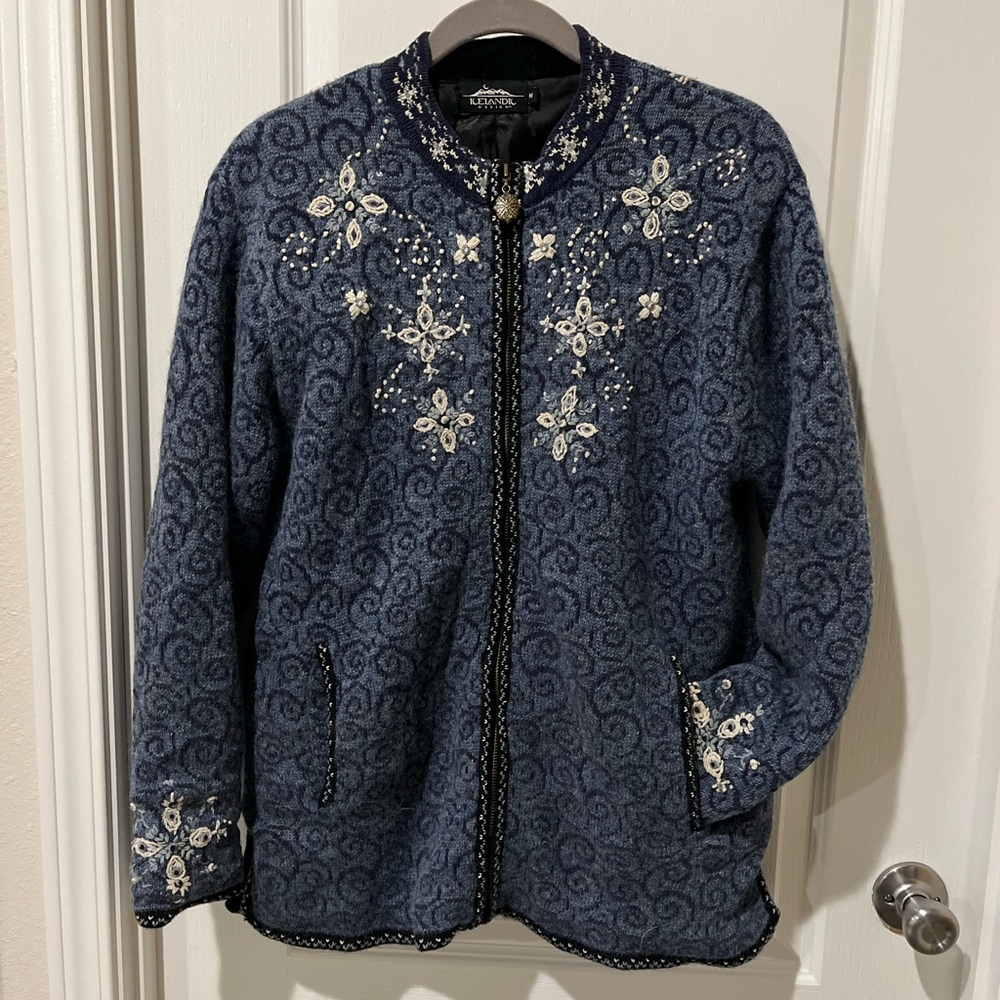 Vintage Icelandic Design Boiled Wool Jacket Blue Nordic Floral Embroidered zip.